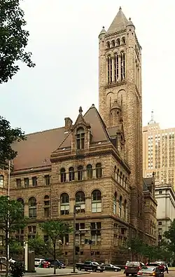 Allegheny County Courthouse, built in 1884, bounded by Fifth and Forbes Avenues, as well as Grant and Ross Streets.