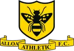 A logo depicting a gold shield with black edges and a black wasp on it. Below the shield, the words "Alloa Athletic F.C." appear on a gold scroll banner.