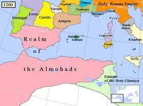 Image 18Almohad dynasty and surrounding states, c. 1200. (from History of Algeria)