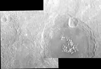 Mosaic showing most of the crater at a high sun angle.  Note the bright central peak complex.