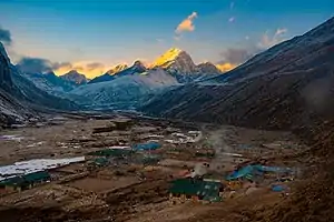 Pheriche with mountains in the background.