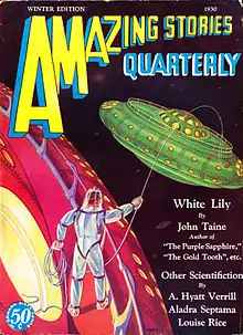 Cover of Amazing Stories winter 1930 issue depicting a disc-shaped spacecraft