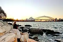 View of the harbour from the sandstone rocks in Mrs. Macquarie's Chair