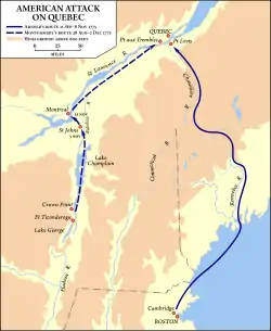 Montgomery's route started at Fort Ticonderoga in eastern upstate New York, went north along Lake Champlain to Montreal, and then followed the Saint Lawrence River downstream to Quebec. Arnold's route started at Cambridge, Massachusetts, went overland to Newburyport and by sea to present-day Maine. From there, it went up the Kennebec River and over a height of land separating the Kennebec and Chaudière River watersheds to Lac Mégantic. It then descended the Chaudière River to Quebec City.