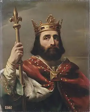 Portrait of a crowned king, bearded and mustachioed, wearing a red cape and holding a fleur-de-lis scepter in his right hand.