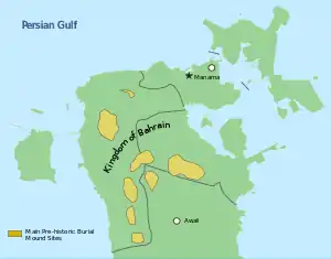 Image 48Map showing the locations of the ancient burial mounds. There are an estimated 350,000 burial mounds. (from Bahrain)