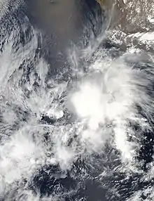 Tropical Storm Andres off the coast of Central America on May 9. The storm is at peak intensity, and most of its clouds are on its west side.