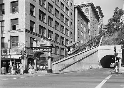 Low end view of the original Angels Flight with the 3rd Street Tunnel, 1960