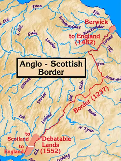 The Anglo-Scottish border, with the Tweed on the east. Its estuary and the town of Berwick-upon-Tweed were a late annexation by England.