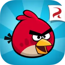 A square-shaped game image of Red on a blue background. The Rovio Entertainment logo is inside a white banner located in the top right corner.