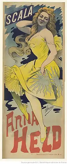 Poster of stage performer and singer Anna Held at the Scala (Paris), c. 1890