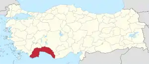 Antalya highlighted in red on a beige political map of Turkeym