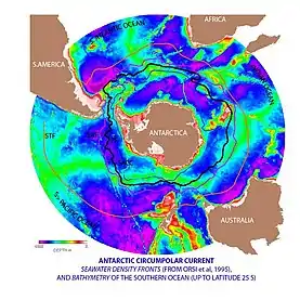 Image 59The Antarctic Circumpolar Current (ACC) is the strongest current system in the world oceans, linking the Atlantic, Indian and Pacific basins. (from Southern Ocean)