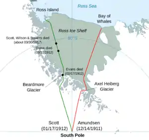  Map of a segment of Antarctica, identifying the polar marches of Scott and Amundsen.