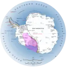 the rose shaded area shows the rift between East and West Antarctica