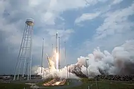 The Antares launch vehicle clears the TEL at liftoff.