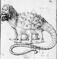 Tarasque illustration in pen and ink, 16th century book by Pierre Sala