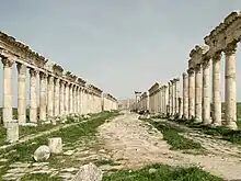 A view of road lined with columns, some of which are still topped with a decorative frieze