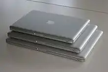 A size comparison of the unibody line of MacBook Pro notebooks