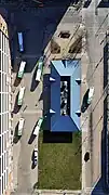 A view from above of the Appleton Transit Center with buses meeting during the hourly pulse period.