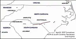 Labeled map with bolded contours highlighting paths of individual tornadoes