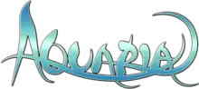 The word AQUARIA, written in a curved, flowing font is overlaid on a black background. The word itself fades vertically from blue to white and back to blue.