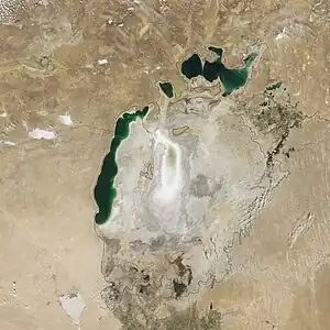 August 2009 – The Eastern Sea's mud flats have dried further, with only the faintest glimmer of water where it drains into the Western Sea.  Barsakelmes Lake appears between the Northern and Western seas.