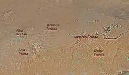 Map of Arcadia quadrangle with major features labeled.  Several large fossae are indicated on the map