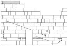 Architectural black on white sketch of a wall missing some stones, with a door at the center and carving marks on the wall surface.