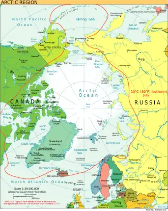 Image 79The Arctic region; of note, the region's southerly border on this map is depicted by a red isotherm, with all territory to the north having an average temperature of less than 10 °C (50 °F) in July. (from Arctic Ocean)