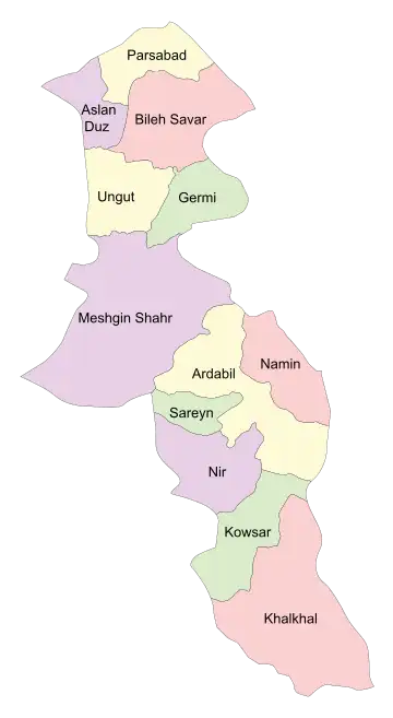 Location of Meshgin Shahr County in Ardabil province (center, purple)