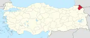 Ardahan highlighted in red on a beige political map of Turkeym