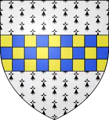 a coat of arms: emin with a chequer board stripe yellow and blue