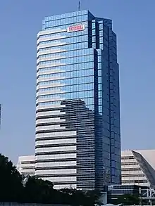 A tall glass skyscraper