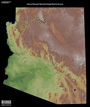 Defiance Plateau, south of Chinle Valley, and east-northeast of Painted Desert – (light tan & arc-shaped)(Puerco River & valley, from New Mexico attached at southeast of desert) (see 3rd, watershed map)