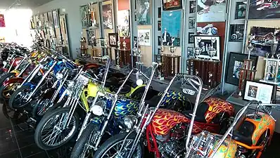 Arlen Ness motorcycles and trophies on display in Dublin, California