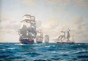 The Chilean Navy sails to Perú in 1821, in a painting by Thomas Somerscales (Lautaro is 2nd from right)