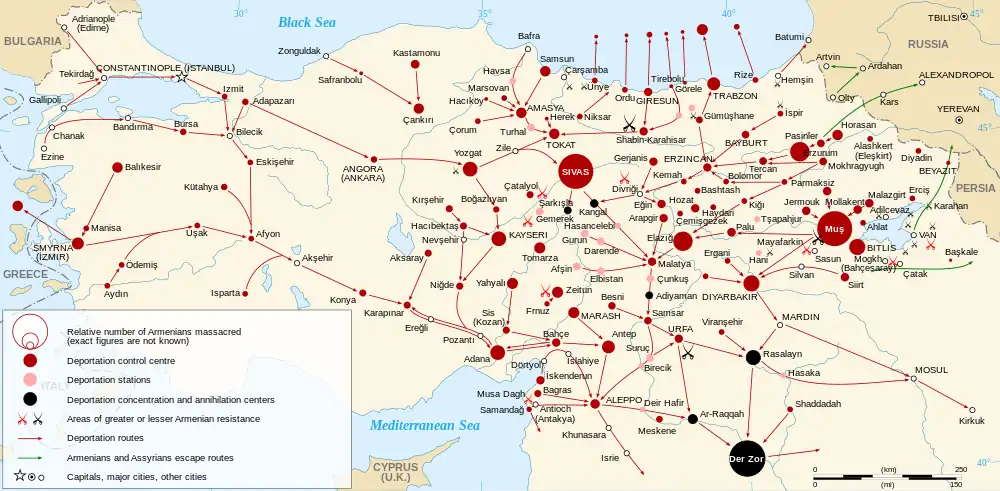 Map showing locations where Armenians were killed, deportation routes, and transit centers, as well as locations of Armenian resistance