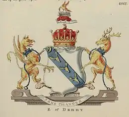 Arms of Stanley,  Earl of Derby: Argent, on a bend azure three buck's heads cabossed or. Painted in 1781