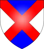 Per saltire azure and argent, a saltire gules (Gage of Hengrave)