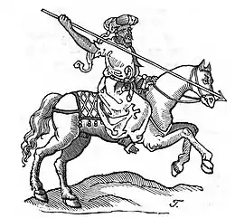 A pen and ink drawing of a mounted man wearing Arab dress and carrying a spear