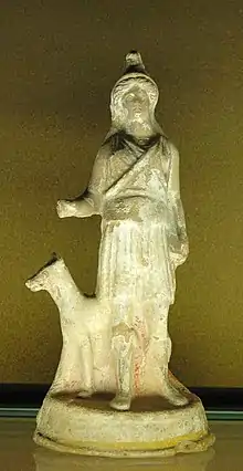 Bendis, Thracian goddess of the moon and the hunt, wearing a Phrygian cap. Tanagra-style terracotta figurine, c.  350 BCE.