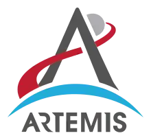 An arrowhead combined with a depiction of a trans-lunar injection trajectory forms an "A", with an "Artemis" wordmark printed underneath