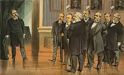 Drawing of a group of men looking at another man