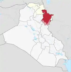 Location of the Sulaymaniyah Governorate (red)– in Iraq (red, beige & light grey)– in the Kurdistan Region  (red & beige)