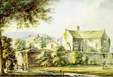 "Ash, antient seat of the Drakes", watercolour dated 13 February 1795 by Rev. John Swete (1752–1821) of Oxton House, Devon. Devon Record Office 564M/F7/129. It was then in use as a farmhouse. This is the house re-built by Sir John Drake, 2nd Baronet (1647–1684) after its near destruction during the Civil War. The building at left is a chapel