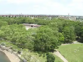 Overhead view of the park with the Hell Gate railroad line in the background