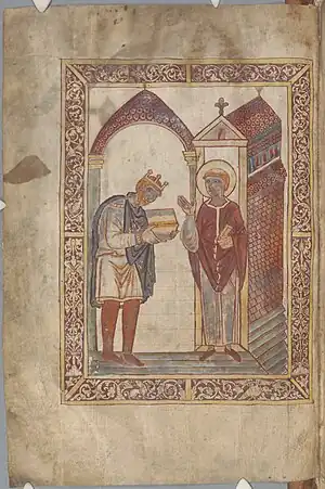 Æthelstan presenting a manuscript of Bede's Life of Saint Cuthbert to Cuthbert, the earliest surviving portrait of a reigning English king.