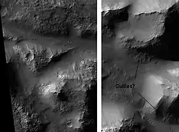 Atlantis Chaos, within the Atlantis basin, as seen by HiRISE.  Click on image to see mantle covering and possible gullies.  The two images are different parts of the original image.  They have different scales.