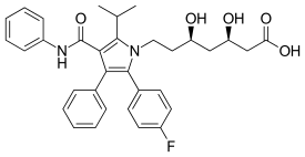 Atorvastatin (Lipitor), a blockbuster drug featuring two phenyl and one p-fluorophenyl groups. It is used to lower cholesterol in people with hypercholesterolaemia.